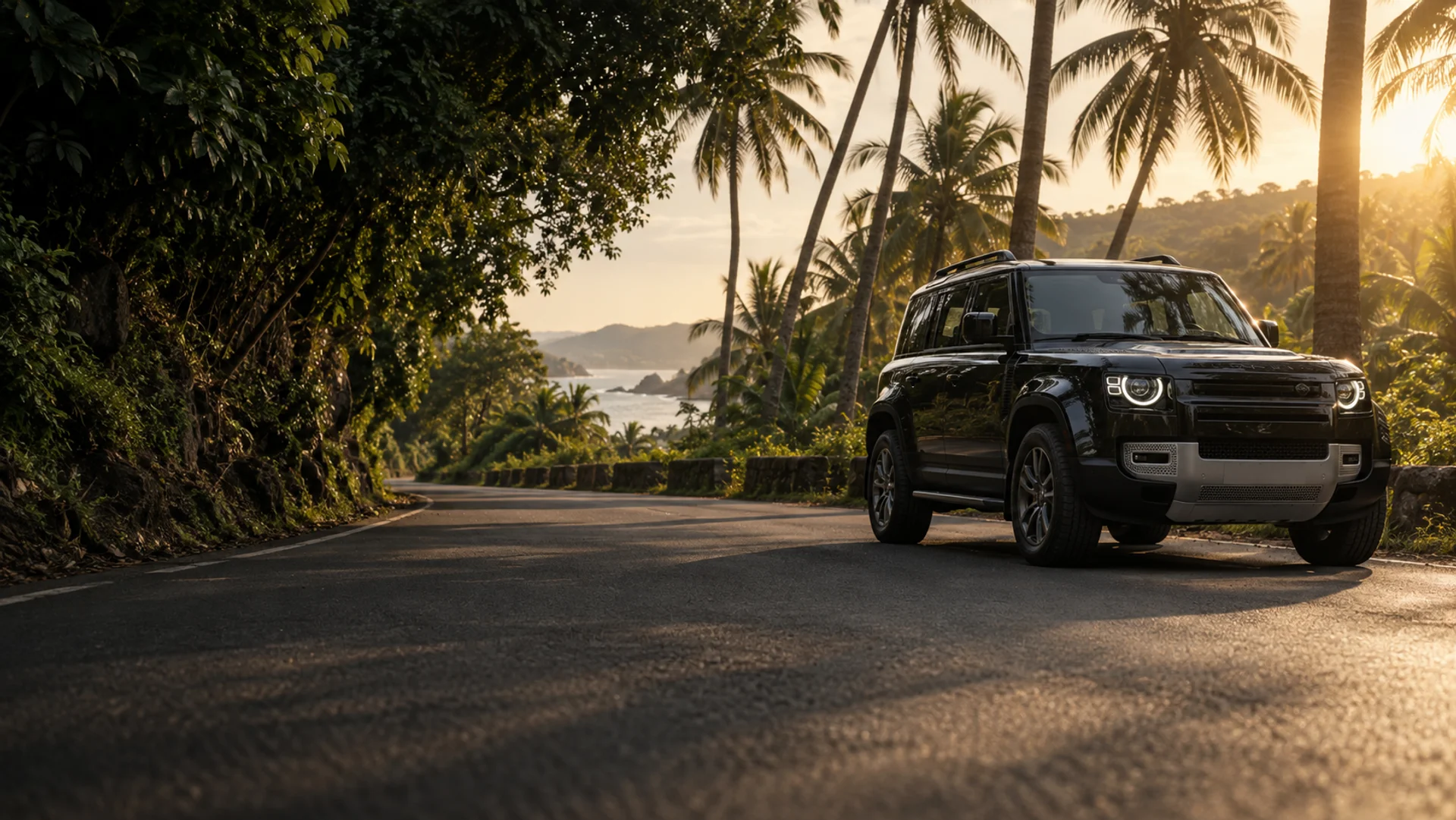 A car on a palm-lined tropical road